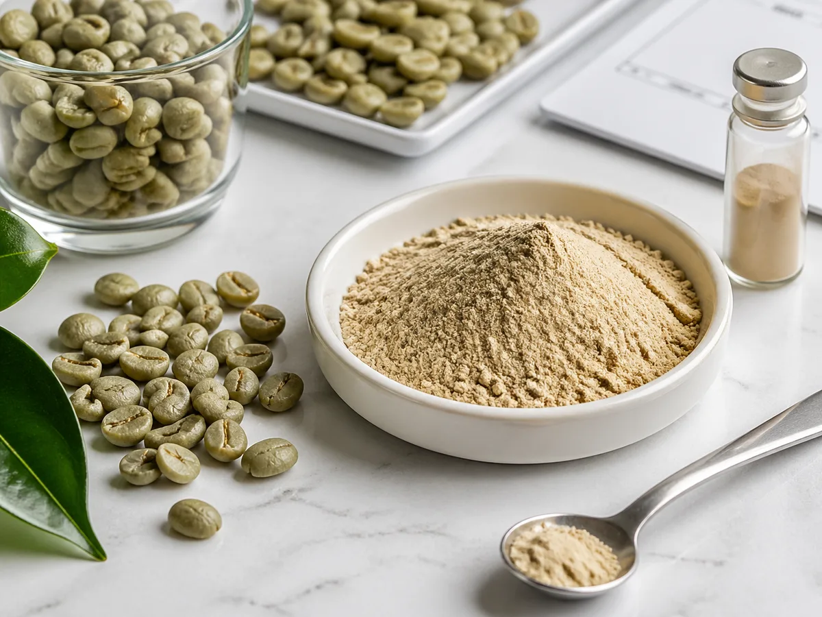 Green coffee bean extract sample and raw material on a laboratory bench