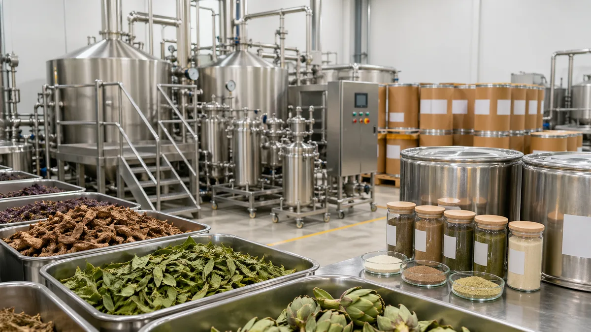 Representative photo-style visual of botanical ingredient manufacturing support
