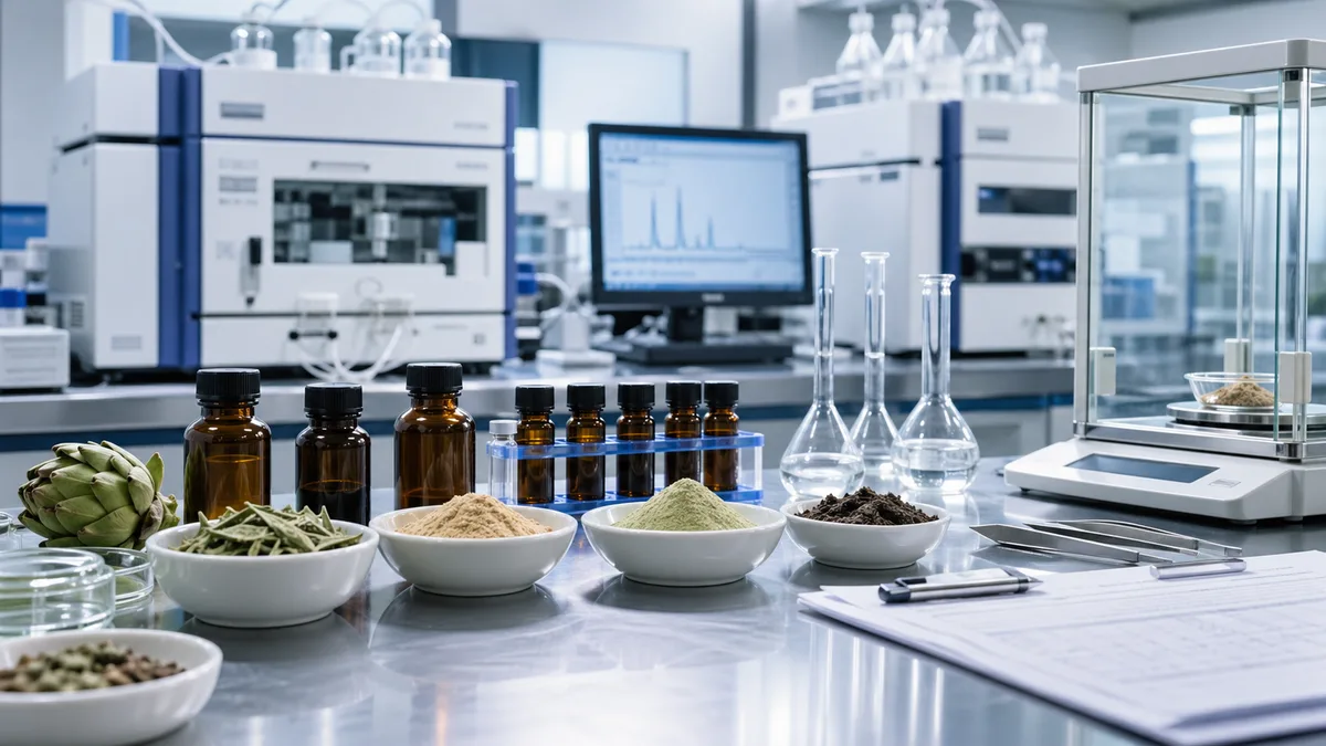 Realistic laboratory bench with botanical ingredient samples, testing equipment, and documentation workflow