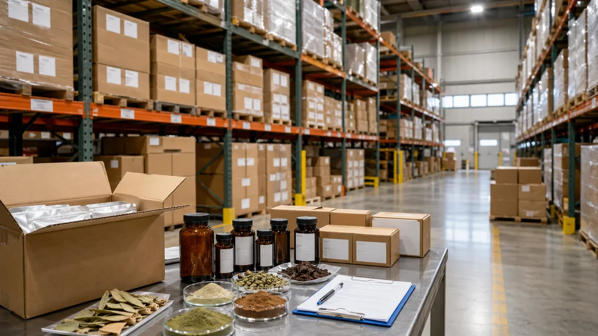 Representative photo-style visual of organized ingredient warehouse support