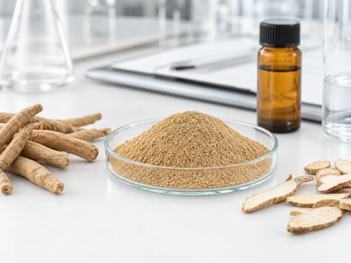 Representative photo-style visual of botanical root extract powder and raw material