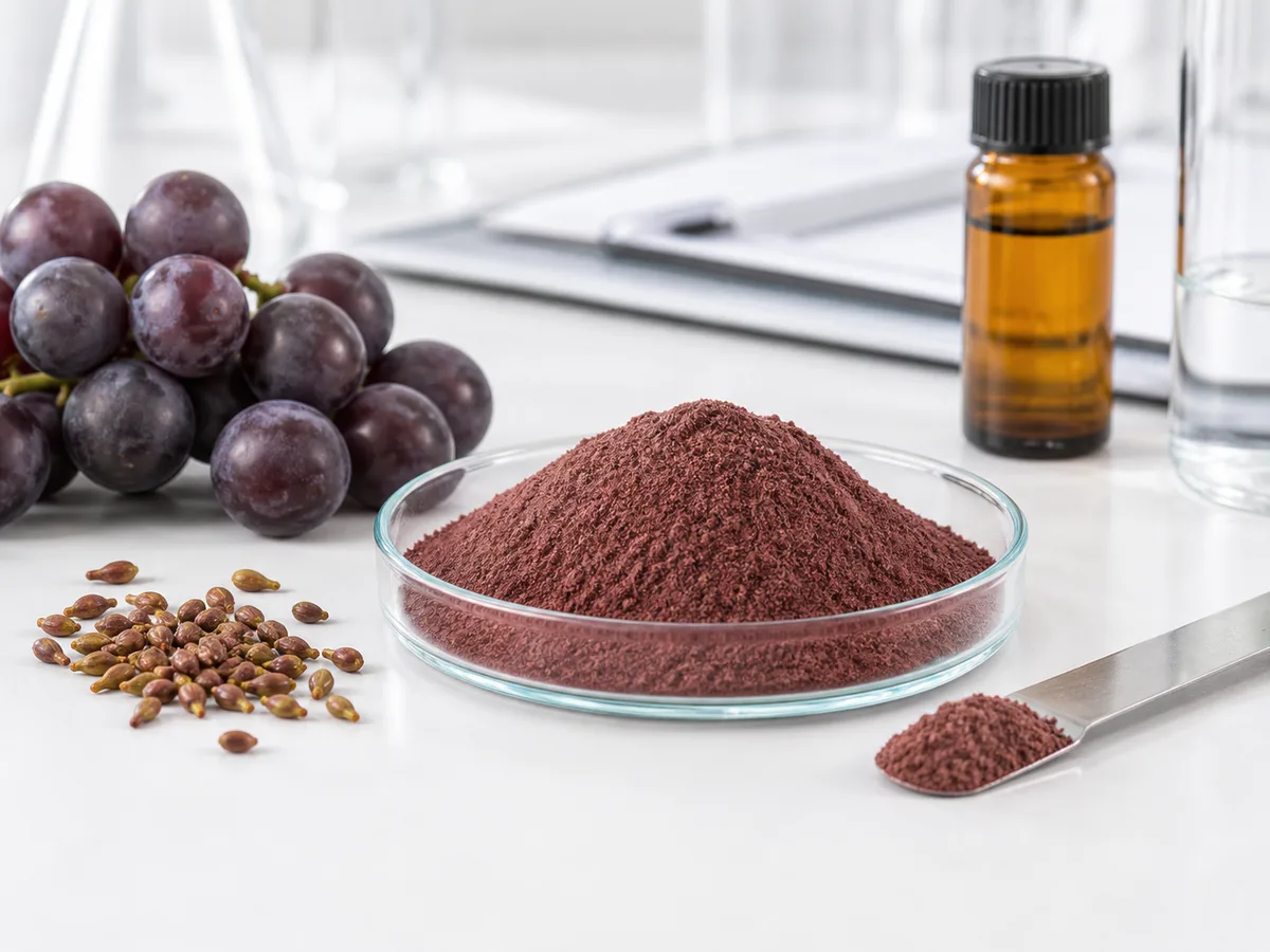 Representative photo-style visual of botanical seed extract powder and raw material